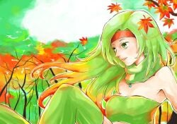 1girls autumn duel_monster female forest_background green_eyes reeze_whirlwind_of_gusto two_tone_hair yu-gi-oh!