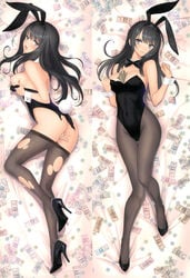 absurdres animal_ears bangs bare_shoulders bed_sheet between_breasts black_hair black_leotard blue_eyes blush breasts bunny_ears bunny_tail bunnysuit cleavage closed_mouth covered_navel dakimakura detached_collar dollar_bill fake_animal_ears female fingernails full_body high_heels highres leotard lips long_hair looking_at_viewer lying masturbation medium_breasts money money_hold multiple_girls on_back open_mouth original pantyhose poker_chip scan shiny shiny_clothes shiny_hair shiny_skin smile strapless strapless_leotard tail taka_tony torn_clothes wrist_cuffs