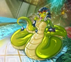 bath bathhouse blue_eyes blue_hair coils crown elf_ears female genie green_scales green_skin hair_tubes lamia monster monster_girl naga pointy_ears psychowolffy relaxing serpent shantae shantae:_half-genie_hero shantae_(character) smiling smooth_skin snake snake_girl snake_tongue tail tongue tongue_out transformation water waterfall yellow_belly