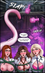3girls areolae aroma_sensei big_breasts bra breasts clothing comic dialogue english_text female female_only ginny_weasley gryffindor gryffindor_tie harry_potter hermione_granger large_breasts luna_lovegood multiple_girls nipples potion ravenclaw ravenclaw_tie speech_bubble tentacle text witch_(harry_potter)
