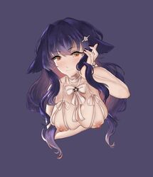 animal_ears areolae azuma_(azur_lane) azur_lane bangs bare_shoulders between_breasts bikini black_hair black_nails blush bow bowtie breast_hold breasts brown_eyes closed_mouth eyebrows_visible_through_hair female hair_between_eyes hair_ornament hairclip large_areolae large_breasts long_hair looking_at_viewer neck_ribbon necktie necktie_between_breasts nude ribbon simple_background smile solo swimsuit white_bikini white_skin yuuren_kyouko