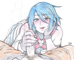 1boy 1girls aqua_(kingdom_hearts) blue_eyes blue_hair blush clothed drawn fellatio female fingerless_gloves hand_on_own_face handjob heart heart-shaped_pupils highres holding_penis kingdom_hearts looking_at_penis male penis pov pubic_hair smile solo_focus straight tabletorgy terra_(kingdom_hearts) veiny_penis wholesome