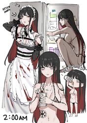 black_hair black_panties blood blood_stain drink earrings expulse fridge grey_eyes long_hair maid_uniform ripped_clothing scar see-through_bra tattoo text