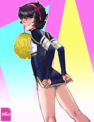 1boy alexis_(andava) andava andavaverse biting_pompom black_hair blue_eyes cheer_outfit femboy hair_band hair_clip light-skinned_femboy looking_back_at_viewer male male_only panties patreon_reward pom_poms solo trap