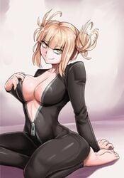 abs bangs barefoot big_breasts blonde_hair bodysuit camie_utsushimi_(cosplay) cleavage costume eyebrows_visible_through_hair feet himiko_toga my_hero_academia nico-mo on_knees shiny_skin short_hair shounen_jump smile teasing tight_clothing toga_himiko unzipped unzipped_bodysuit utsushimi_camie_(cosplay) yellow_eyes