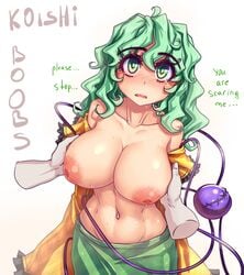 1girls blush breast_grab breasts breasts_out green_eyes green_hair hater_(hatater) huge_breasts koishi_komeiji open_clothes simple_background touhou white_background