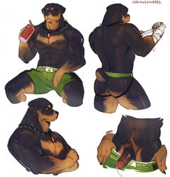 5_fingers abs anthro ass balls biceps black_body black_fur blacksad bobby_yale bodily_fluids body_hair bottomwear bottomwear_down bottomwear_only brown_body brown_fur canid canine canis chain_necklace chains clothed clothing crossed_arms domestic_dog dripping fingers fur genital_fluids genitals hand_wraps happy_trail hi_res holding_object jockstrap jockstrap_only male male_only mammal mastiff molosser multiple_poses muscular muscular_anthro muscular_male navel nipples partially_clothed pecs penis pose precum precum_drip precum_string rear_view rottweiler shirtless shorts shorts_down shorts_only simple_background sitting sketch_page solo tan_body tan_fur topless underwear underwear_only vhkansfweer wraps