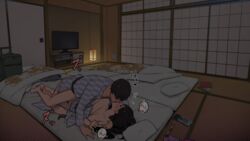 1boy black_hair blush commentary dark eyewear_removed female french_kiss futon happy_sex indoors japanese_clothes kimono kissing kissing_while_penetrated long_hair luggage male male/female male_penetrating original pubic_hair ryokan sex short_hair straight tatami television vaginal_penetration wakamatsu372 yukata