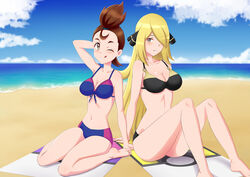 2girls beach bikini blonde_hair champion cynthia_(pokemon) female human lok182 makoto_(pokemon) master_ball pokemon pokemon_(movie) pokemon_dppt pokemon_the_movie:_i_choose_you! swimsuit unknown_relationship verity_(pokemon)