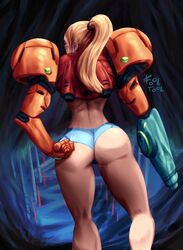 1girls blonde_hair blue_eyes blue_panties blue_underwear female fool_tool mechanical metroid nintendo no_pants panties power_suit robot samus_aran solo suit underwear varia_suit wedgie