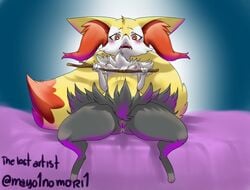 anthro bedding blush braixen breasts female genitals hi_res mayo1nomor1 nintendo nipples pokémon_(species) pokemon pokemon_(species) presenting presenting_breasts presenting_pussy pussy small_breasts solo the_lost_artist video_games