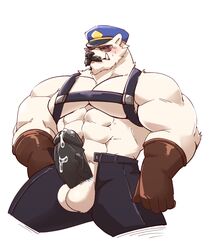 2020 absurd_res anthro balls bara barazoku blush bottomwear captain_volibear clothing erection eyewear facial_hair fur genitals glasses hi_res humanoid_genitalia humanoid_hands humanoid_penis jumperbear kemono league_of_legends male male_only mammal moustache muscular muscular_male pants penis polar_bear police police_hat riot_games simple_background solo ursid ursine video_games volibear white_background white_body white_fur