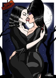 2018 2girls ass_grab black_hair breasts cassandra_peterson celebrity crossover elvira elvira:_mistress_of_the_dark female female_only fishnets french_kiss goth kaywest kissing leg_grab long_hair maila_nurmi open_mouth real_person symmetrical_docking the_vampira_show tongue_kiss vampira yuri