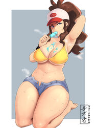 1girls armpits big_breasts blue_eyes brown_hair curvy_figure female hat hilda_(pokemon) huge_thighs ice_cream long_hair nintendo pale-skinned_female pale_skin pokemon pokemon_bw ponytail shorts solo steam sweat thick_thighs thighs unzipped_shorts watermark wide_hips yotahen