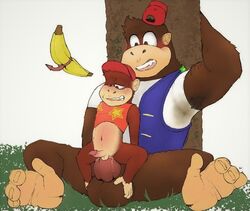 anthro ape balls banana big_balls big_penis blush bodily_fluids boner chunky_kong clothed clothing cum cum_inside diddy_kong donkey_kong_(series) duo ejaculation erection food fruit gay genital_fluids genitals gorilla haplorhine hat headgear headwear jacket male male/male male_only mammal monkey monkey_boy monkey_feet nintendo outside penis penis_size_difference plant prehensile_feet primate scruffyboy1 shirt size_difference small_balls small_penis sweat tank_top topwear video_games