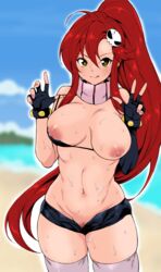 absurdres beach bikini bikini_top breasts colored colored_sketch double_v female female_only fingerless_gloves gloves hair_ornament highres large_breasts looking_at_viewer midriff mushi024 nipples no_panties ponytail pubic_hair red_hair scarf short_shorts shorts skull_hair_ornament solo sweat swimsuit tengen_toppa_gurren_lagann thighhighs yoko_littner