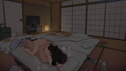 1boy 1girls black_hair blush commentary dark eyewear_removed female futon indoors long_hair luggage nude original pubic_hair ryokan sex short_hair straight tatami television wakamatsu372