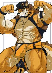 1boy abs absurd_res anthro asiahao520 barrel_(live_a_hero) biceps bodily_fluids canid canine canis clothing flaccid flexing genitals hat headgear headwear hi_res live-a-hero male male_only mammal muscular muscular_anthro muscular_male nipples orange_underwear pecs penis shirt solo sweat tank_top topwear underwear wolf