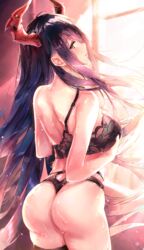 1girls arms ass ass_cleavage azur_lane back_view background big_ass big_breasts black_hair bra breasts butt_crack ear eien_no_juu_nana-sai eyes female_only friedrich_der_grosse_(azur_lane) hair hands_on_breasts horns lingerie lips long_hair neck nose red_horns sweat thighhighs wet yellow_eyes