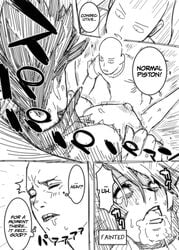 1boy 1girls ahe_gao bald big_breasts black_and_white blush closed_eyes comic dress fubuki_(one-punch_man) funny hamanasu looking_pleasured medium_hair monochrome one-punch_man pleasure_face ripped_clothing saitama sketch speech_bubble text