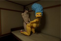 1boy 1girls 3d anal anal_penetration anal_sex ass ass_grab bed bedroom blender blue_hair doggy_style female male marge_simpson milf model mother nude nude_female nude_male penetration the_simpsons yellow_skin