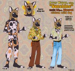 african_wild_dog anthro avery_(foxmusk) balls beard biped canid canine canis clothed clothing cult english_text eyewear facial_hair foxmusk fur genitals hair hi_res hippie male male_only mammal nude penis solo text