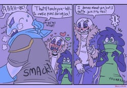 bandana blue_bandana blue_blush blue_eyes blue_gloves blush comic comic_page gloves green_blush green_dress hearts hoodie onomatopoeia oral original_character public_sex red_blush red_eyes sans sanscest skullcrysto steamy_breath sweating text underfell underfell_sans underswap underswap_sans undertale voyeurism