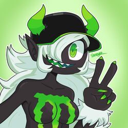 female humanoid monster-chan monster_energy peace_sign white_hair