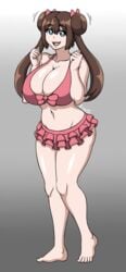 1girls abs barefoot big_breasts blue_eyes breasts brian12 brown_hair double_bun huge_breasts human large_breasts long_hair nintendo pale-skinned_female pale_skin pink_bikini pokemon pokemon_bw2 rosa_(pokemon) thick_thighs thighs twintails wide_hips