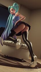 1girls 3d ass female high_heels junkerz k/da_all_out_seraphine k/da_all_out_series league_of_legends looking_at_viewer rear_view seraphine_(league_of_legends) shoes short_skirt skirt solo thigh_boots upskirt very_long_hair