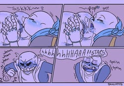 2020 bandana blue_bandana blue_blush blue_hoodie blue_tongue blush comic comic_page eating_out fangs onomatopoeia oral sans sanscest selfcest skeleton skullcrysto stuck_in_wall underswap underswap_sans undertale