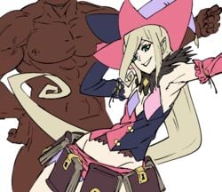 armpits bb_(baalbuddy) blonde_hair dark-skinned_male dark_skin edit edited green_eyes interracial looking_at_viewer magilou_(tales) standing tales_of_(series) tales_of_berseria witch_hat