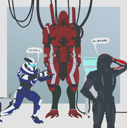 absurd_res alien anthro arm_above_head arm_on_leg armor big_penis box colored console english_text genitals geth geth_prime group headgear helmet hi_res light lighting machine male male_focus male_only mass_effect muscular penis red_body red_eyes robot simple_background size_difference speech_bubble standing text turian video_games wire wolfarion