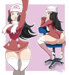 1girls :d arms_up ass big_ass black_hair boots bottomless clothing dawn_(pokemon) female female_only front_and_back high_heel_boots high_heels human human_only legwear licking_lips long_hair looking_at_viewer nintendo no_panties pokemon protoscene scarf shiny_skin sitting smile solo standing stockings thick_thighs thighhighs tongue tongue_out white_legwear white_stockings white_thighhighs wide_hips winter_clothes