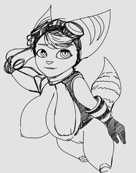 anthro big_breasts breasts clothing eyewear female genitals gloves goggles handwear lombax mammal monochrome neilious_dyson neiliousdyson nejtacoz58m8 nipples portrait prosthetic prosthetic_arm prosthetic_limb pussy ratchet_and_clank rift_apart_lombax rivet_(ratchet_and_clank) sagging_breasts sketch solo striped_tail stripes three-quarter_portrait video_games