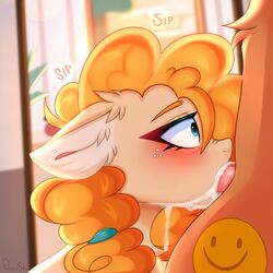 1:1 2020 absurd_res blurred_background blush bodily_fluids cum cum_dripping_down_chin cum_in_mouth cum_in_throat cum_inside cum_on_face cutie_mark deep_throat deepthroat digital_media_(artwork) duo earth_pony equid equine eyebrows faceless_male fan_character fellatio feral friendship_is_magic furry genital_fluids genitals ginger hi_res horse male mammal my_little_pony oral oral_sex pear_butter_(mlp) penis pesty_skillengton pony sex side_view solo_focus