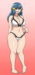 1girls abs big_breasts blue_eyes blue_hair blush brian12 dawn_(pokemon) hair_ornament human long_hair nintendo pale-skinned_female pale_skin pokemon pokemon_dppt solo standing thick_thighs thighs voluptuous white_bikini wide_hips