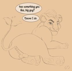 2020 anus ass backsack balls claws disney english_text felid feral genitals hi_res kion lion looking_at_viewer looking_back male male_only mammal pantherine pawpads solo text the_lion_guard the_lion_king theoryofstrings