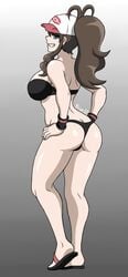 1girls ass big_ass bikini black_bikini brian12 brown_hair eye_contact hat hilda_(pokemon) human long_hair looking_at_viewer looking_back medium_breasts nintendo pale-skinned_female pale_skin pokemon pokemon_bw ponytail sideboob thick_thighs