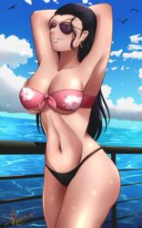 1girls abs armpits aviator_sunglasses bare_shoulders bikini breasts dark_hair earrings female female_focus female_only jewelry long_hair looking_at_viewer navel nico_robin one_piece pose smile sunglasses sweat swimsuit tagme tinted_eyewear xkzan