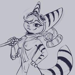 1:1 anthro breasts female genitals hammer hand_on_hip juantriforce lombax looking_at_viewer mammal nipples prosthetic prosthetic_arm prosthetic_limb pussy ratchet_and_clank rift_apart_lombax rivet_(ratchet_and_clank) scarf sketch solo striped_tail stripes tools video_games weapon_on_shoulder winking_at_viewer