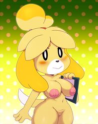 animal_crossing anthro bigdon1992 breasts canid canine canis digital_media_(artwork) domestic_dog female female_focus fur furry furry_only genitals hi_res isabelle_(animal_crossing) mammal naked nintendo nude patreon pussy shih_tzu simple_background solo solo_female solo_focus tail thick_thighs toy_dog video_games wide_hips yellow_body yellow_fur