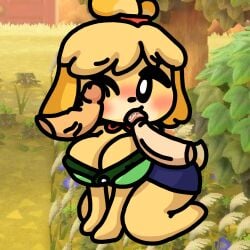 1girls 2boys animal_crossing background big_breasts blowjob blush canine clothed clothing fellatio female hairband isabelle_(animal_crossing) legokoopa_(artist) male open_shirt penis_on_face self_upload shih_tzu shortstack sitting skirt thick_thighs