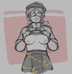 1girls breasts breasts_out breasts_out_of_clothes cowboy_shot exhibitionism glasses glasses_on_face hat melania_(reverse:1999) nervous no_bra no_bra_under_clothes partially_clothed partially_clothed_female reverse:1999 shirt_lift sketch solo spot_color wizardlove