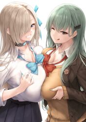 2girls ;q absurdres asuna_(blue_archive) black_choker black_skirt blonde_hair blue_archive blue_eyes blue_ribbon breast_press breasts choker cleavage closed_mouth collarbone collared_shirt crossover green_hair grey_eyes hair_ornament hair_over_one_eye hair_ribbon highres jewelry kantai_collection large_breasts long_hair long_sleeves looking_at_viewer mole mole_on_breast multiple_girls necklace one_eye_closed one_eye_covered parted_lips pleated_skirt ribbon school_uniform shirt shirt_tucked_in simple_background skirt smile suien suzuya_(kantai_collection) suzuya_kai_ni_(kantai_collection) symmetrical_docking teeth tongue tongue_out white_background white_shirt