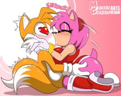 1boy 1girls age_difference amy_rose anthro big_ass big_breasts exposed_torso female footwear fox furry handwear hedgehog kissing large_ass male miles_prower moisesgrafic older_female sega sonic_(series) sonic_the_hedgehog_(series) tagme tails tails_the_fox younger_male