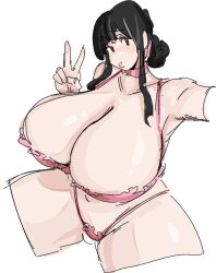 1girls bangs black_hair bra breasts character_request check_character chichi choker dragon_ball female frilled_bra frilled_panties hair_bun hairbun large_breasts leebongchun lingerie low_bun mature mature_female peace_sign pink_bra pink_lingerie pink_underwear selfie solo thick_thighs thighs underwear v