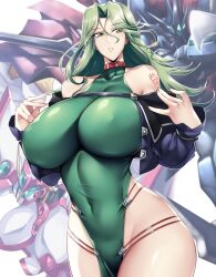 2020s 2023 2d 2d_(artwork) 5_fingers big_breasts big_thighs breasts busty clothed clothing collar eyebrows eyelashes female female_focus female_only green_eyes green_hair haganef hi_res highres hips hourglass_figure jacket lamia_loveless large_breasts large_thighs leotard light-skinned_female light_skin loincloth long_hair navel nipple_bulge red_collar slim_waist solo solo_female solo_focus super_robot_wars teeth thick_thighs thighs voluptuous wide_hips