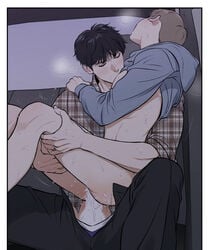 2boys ahn_jiwon anal_penetration anal_sex bj_alex bottomless car_sex cum_in_ass eyes_closed gay licking male male_focus male_nipple_licking male_only manhwa mingwa motion_lines nam_dong-gyun pants_open penis_out plaid_shirt shirt_up sitting_on_penis sweat yaoi