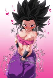 2023 blush blushing blushing_at_viewer busty caulifla dragon_ball dragon_ball_super dragon_ball_z heart-shaped_pupils horny horny_female japanese_text light-skinned_female light_skin musk_clouds nipple_play nipples_visible_through_clothing purple_panties purple_pants rom saiyan sweat tagme